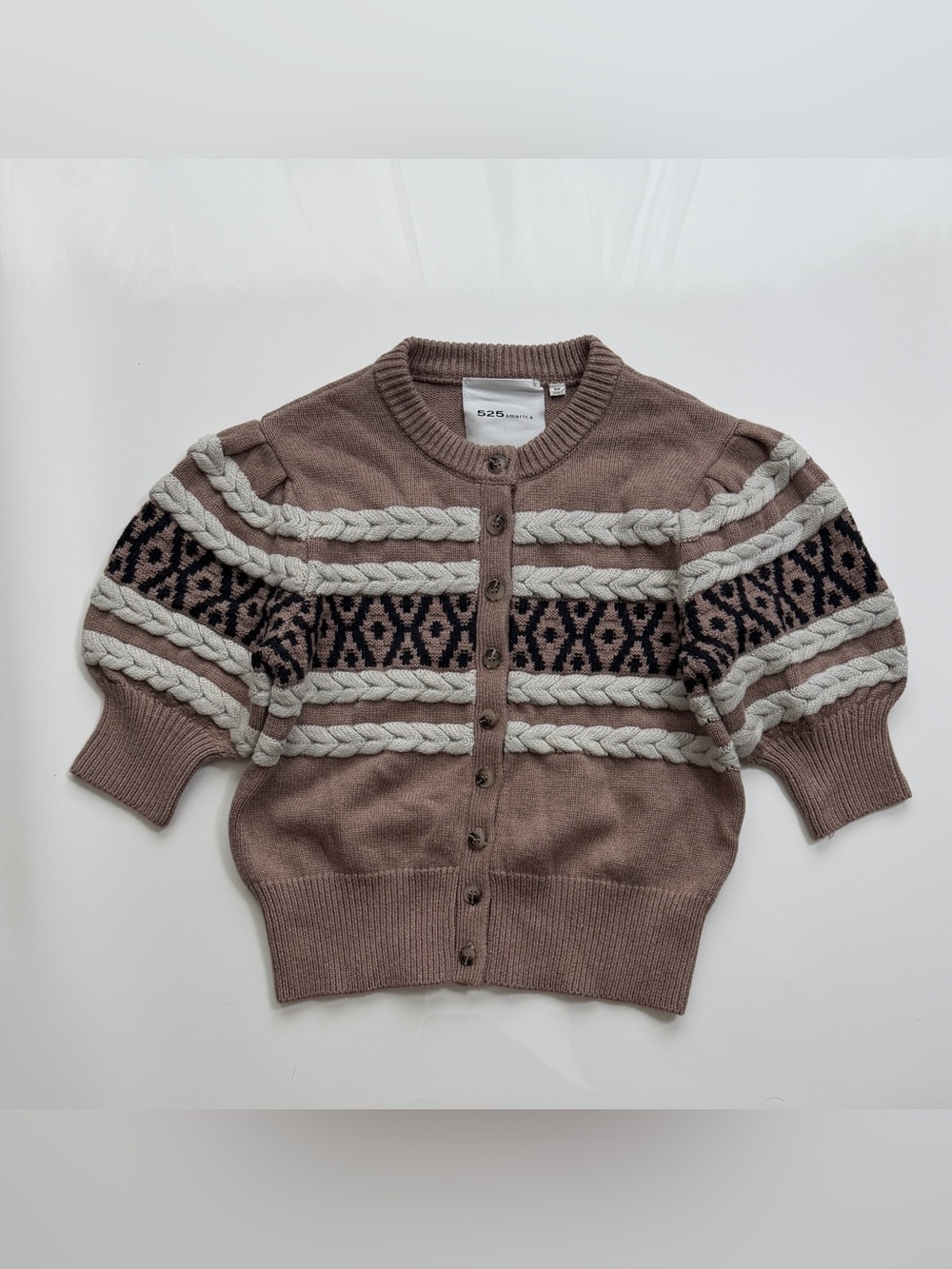 525 America Taupe Cable-Striped Puff Sleeve Cardigan